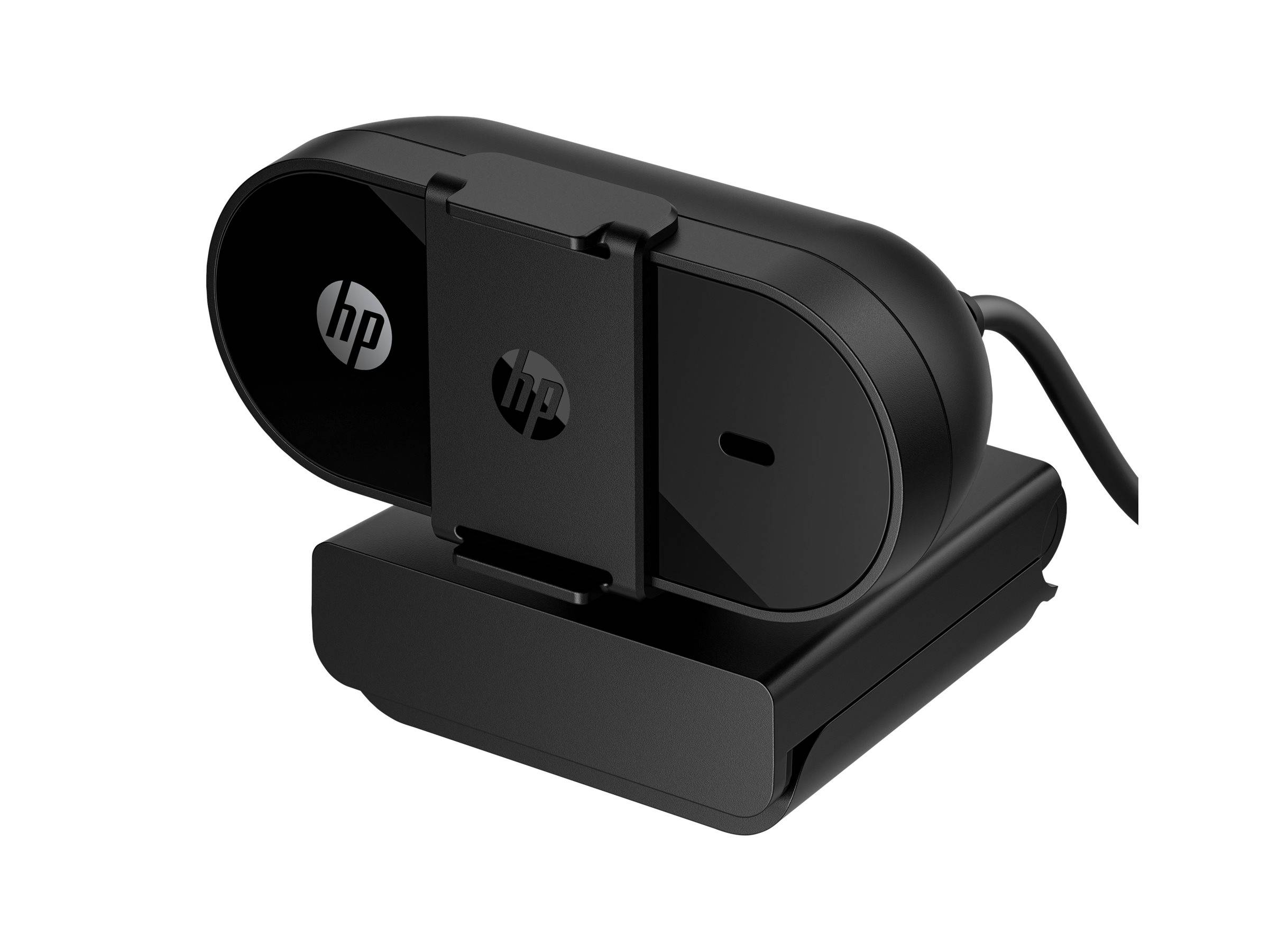Eine schwarze HP-Webcam mit verstellbarem Gelenk, auf deren Vorderseite das HP-Logo angebracht ist und die für Videokonferenzen oder Streaming-Zwecke konzipiert wurde.