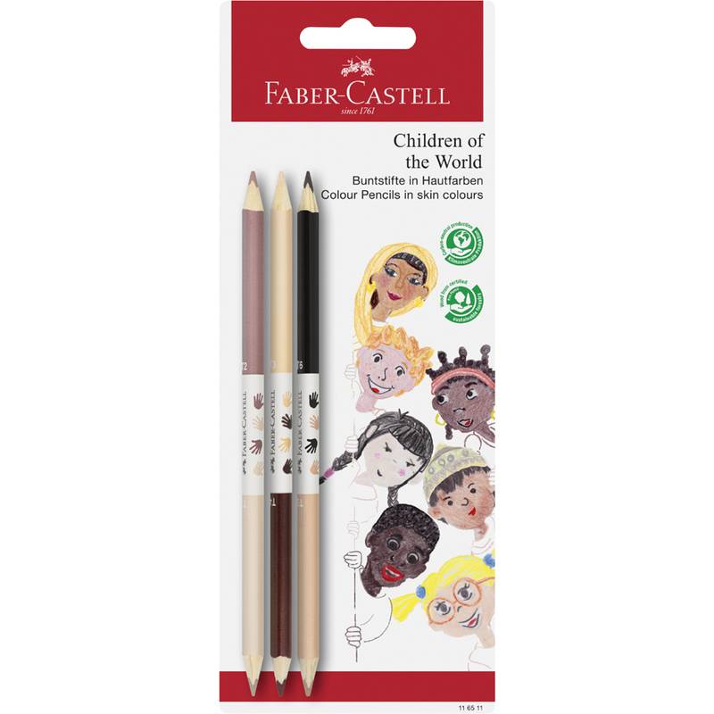 Packung von Faber-Castell 'Kinder der Welt' Hautfarben-Buntstifte mit Illustrationen verschiedener Kindergesichter auf der Verpackung.