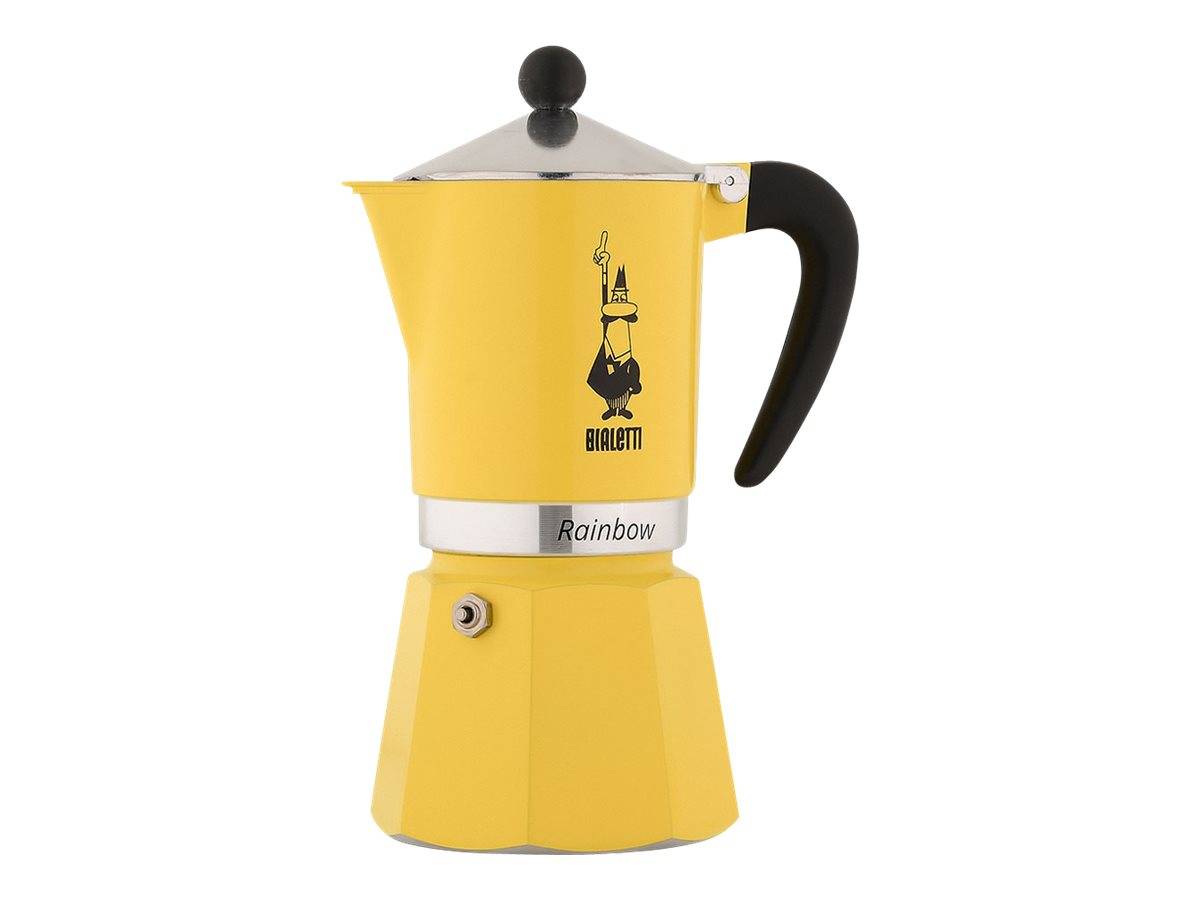 Ein gelber Bialetti Moka Krug mit einem schwarzen Griff, der das Bialetti-Logo und das Wort 'Rainbow' trägt.