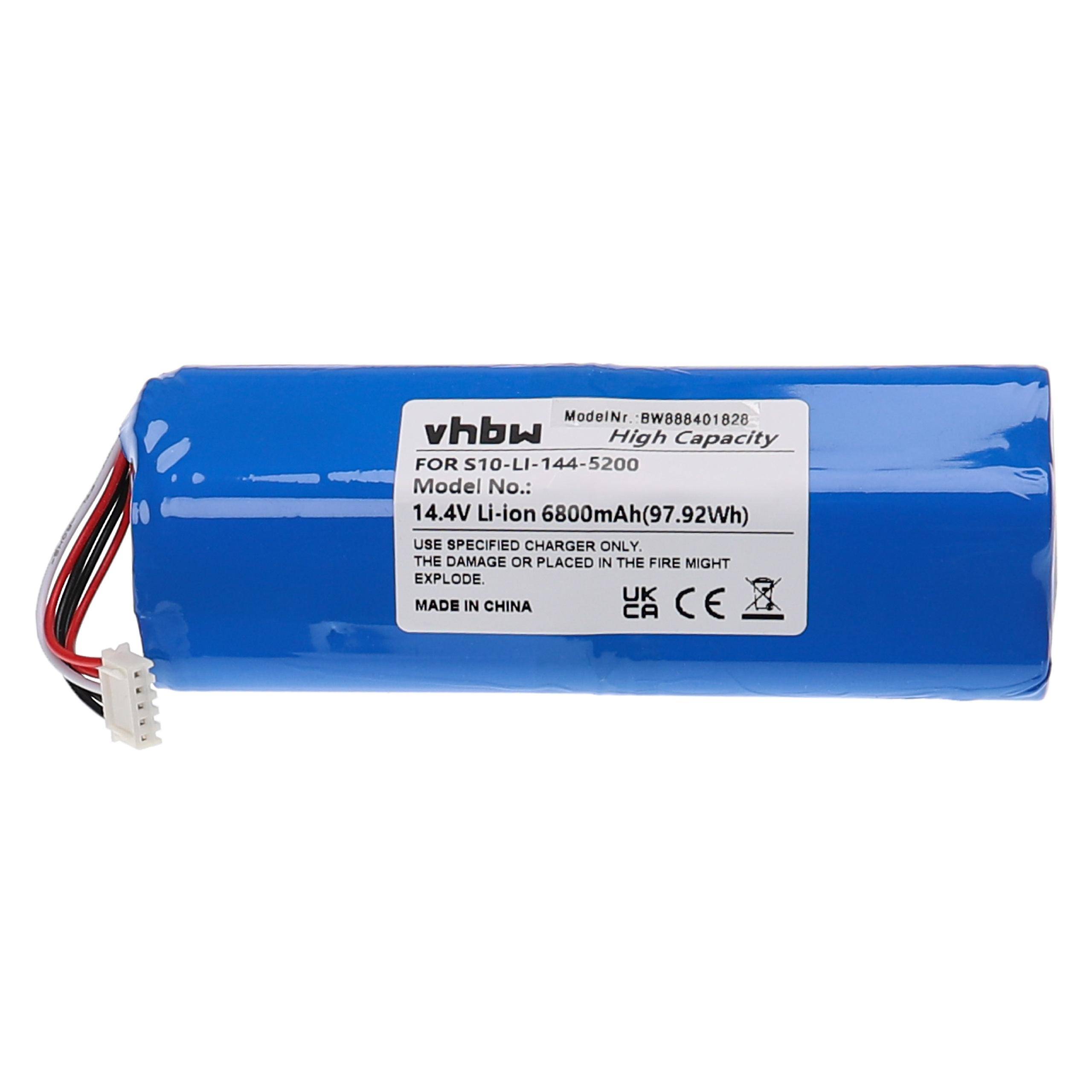 Ein blauer 14,4V Li-Ionen-Akku mit roten und schwarzen Kabeln und einem Stecker, gekennzeichnet mit „6800mAh