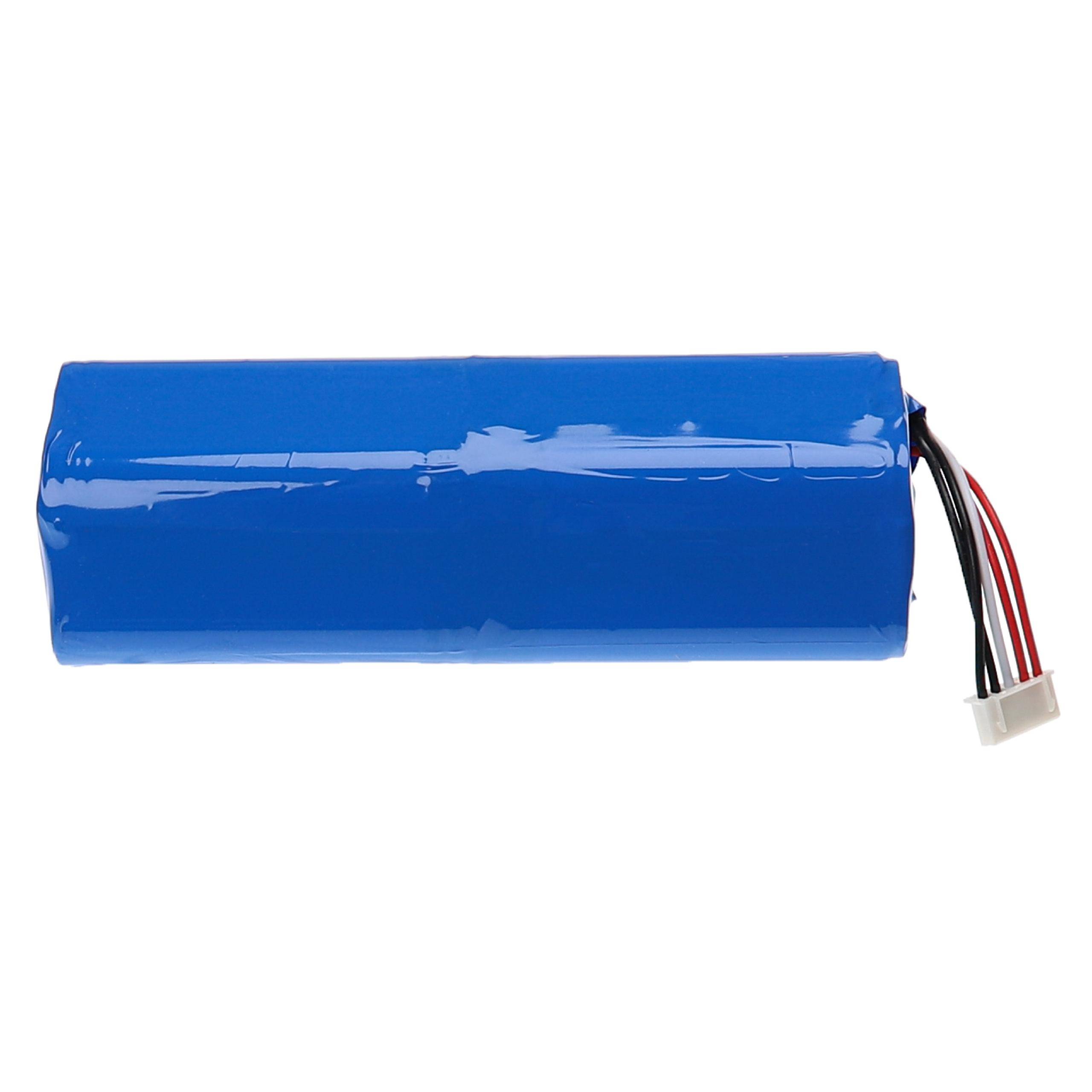 Ein blauer zylindrischer Batteriepack mit roten, schwarzen und weißen Kabeln und einem Stecker auf der rechten Seite, verwendet für elektronische Geräte.