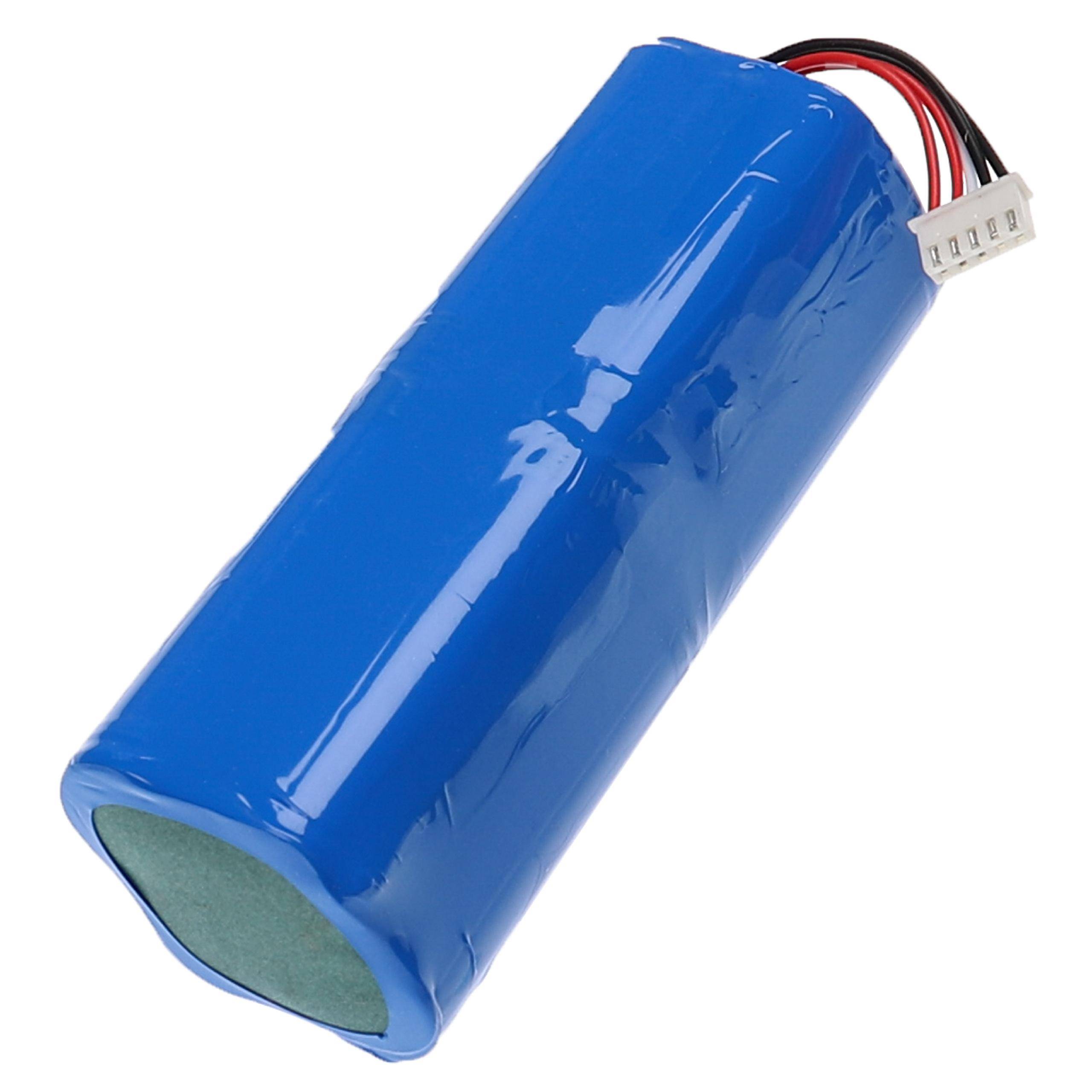 Ein blauer zylindrischer Akku-Pack mit weißem Stecker und schwarzen und roten Kabeln, verwendet zum Betreiben von Elektronik.
