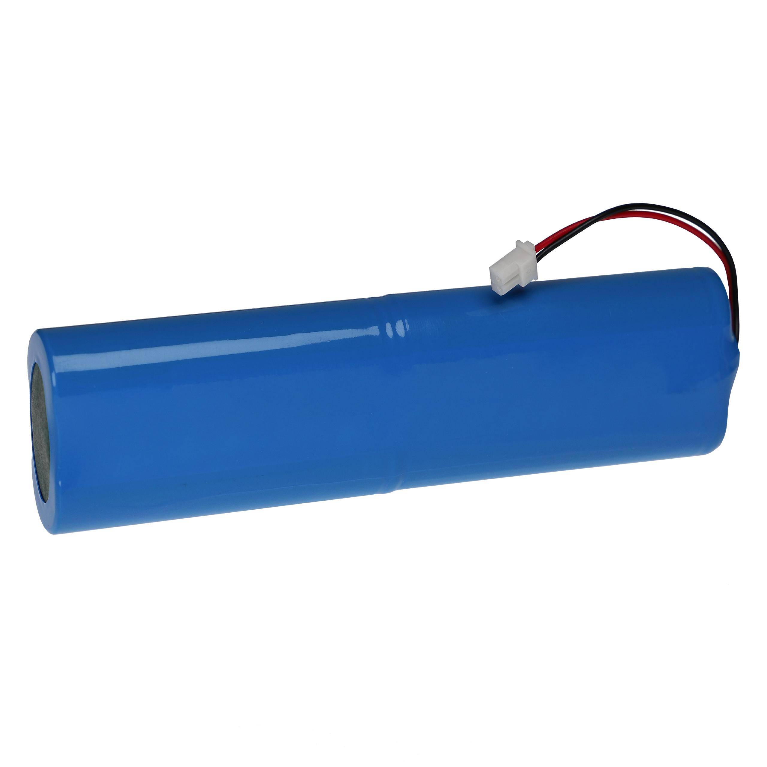 Eine blaue zylindrische Batterieverpackung mit einem weißen Anschluss und schwarzen und roten Kabeln, die von einem Ende abstehen, vor einem einfarbigen Hintergrund.