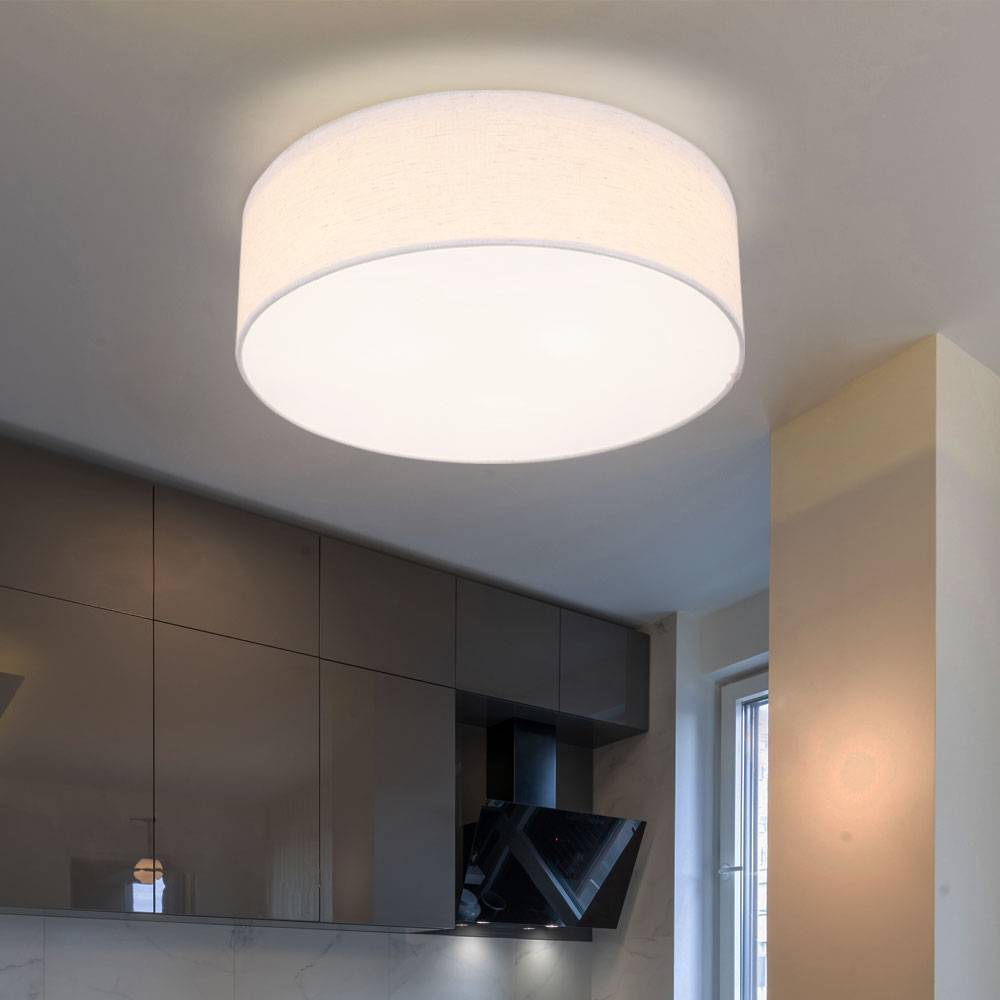 Deckenleuchte weiß rund Deckenlampe Stoff weiß Lampe Textil, Wohnzimmer, Metall Stoffschirm, 3x E27 Fassungen, DxH 40x12cm