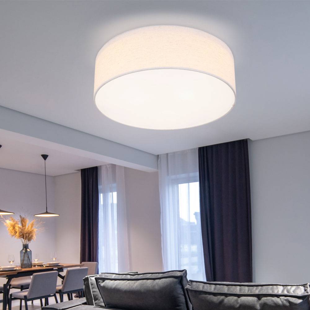 Deckenleuchte weiß rund Deckenlampe Stoff weiß Lampe Textil, Wohnzimmer, Metall Stoffschirm, 3x E27 Fassungen, DxH 40x12cm