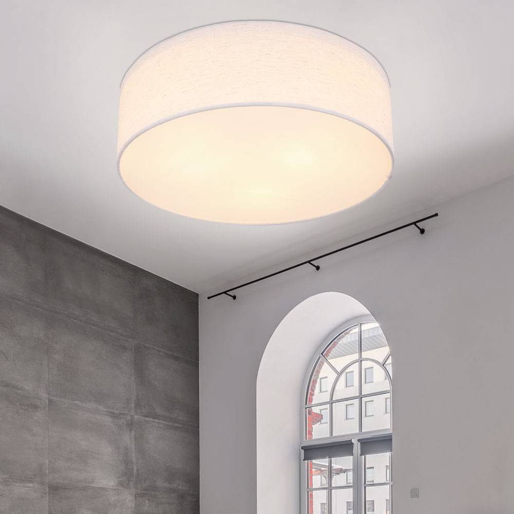 Deckenleuchte weiß rund Deckenlampe Stoff weiß Lampe Textil, Wohnzimmer, Metall Stoffschirm, 3x E27 Fassungen, DxH 40x12cm