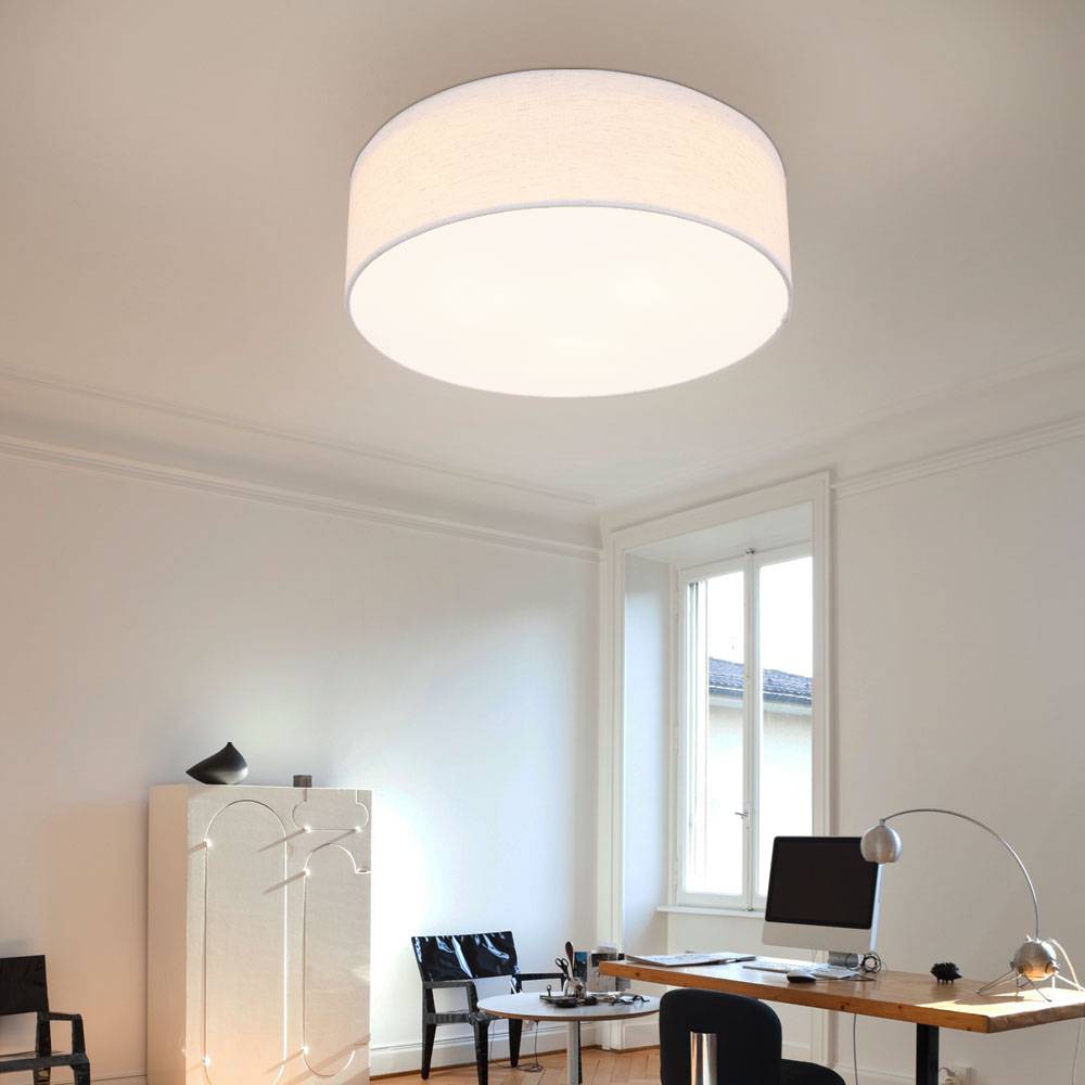 Deckenleuchte weiß rund Deckenlampe Stoff weiß Lampe Textil, Wohnzimmer, Metall Stoffschirm, 3x E27 Fassungen, DxH 40x12cm