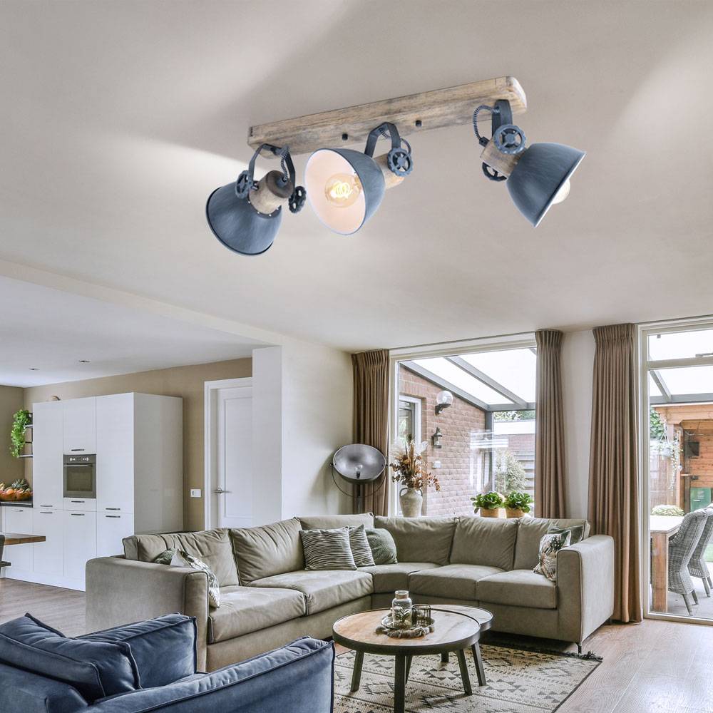 Deckenlampe Retro Holzleuchte Deckenleuchte grau Deckenstrahler 3 flammig verstellbar, 3x E27, L 59 cm