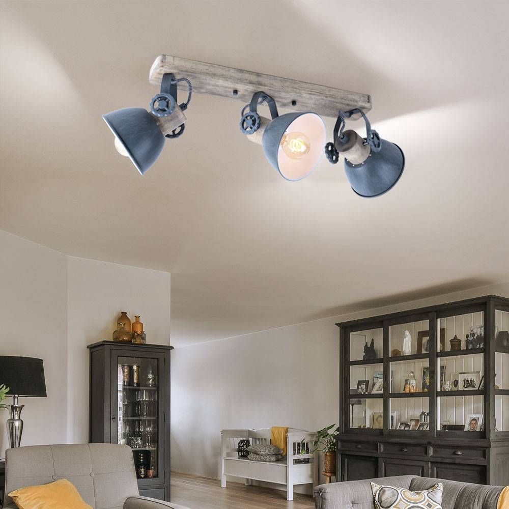 Deckenlampe Retro Holzleuchte Deckenleuchte grau Deckenstrahler 3 flammig verstellbar, 3x E27, L 59 cm