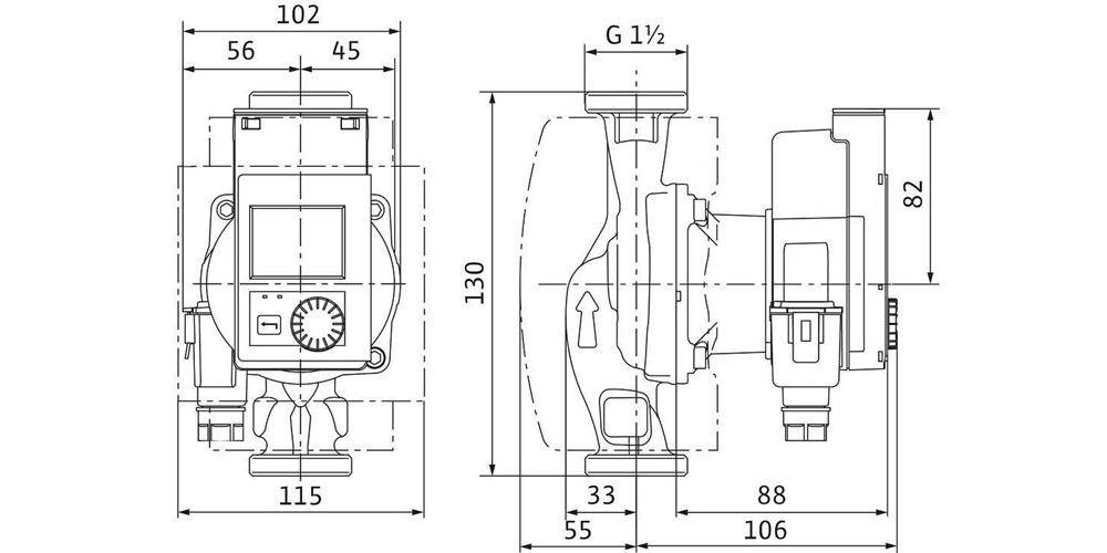 Technische Maßzeichnung einer mechanischen Ventil-/Pumpeneinheit mit Vorder- und Seitenansicht mit Abmessungen in Millimetern und einem G 1½ Anschluss.