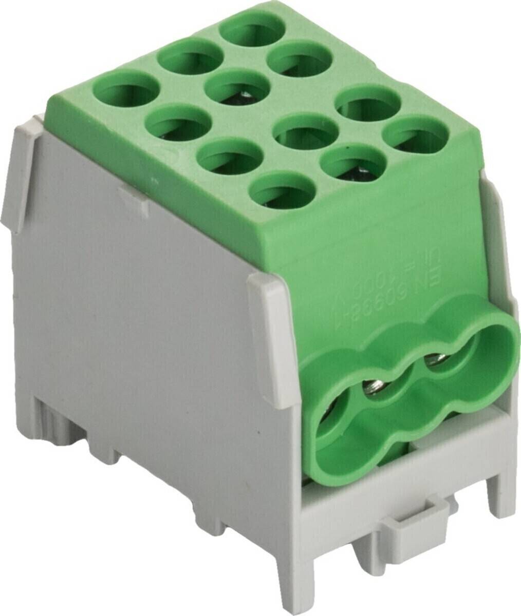 Ein grüner und grauer elektrischer Anschlussblock mit mehreren Löchern für Verdrahtungsverbindungen. Wird in elektrischen Installationen für sichere Verbindungen verwendet.