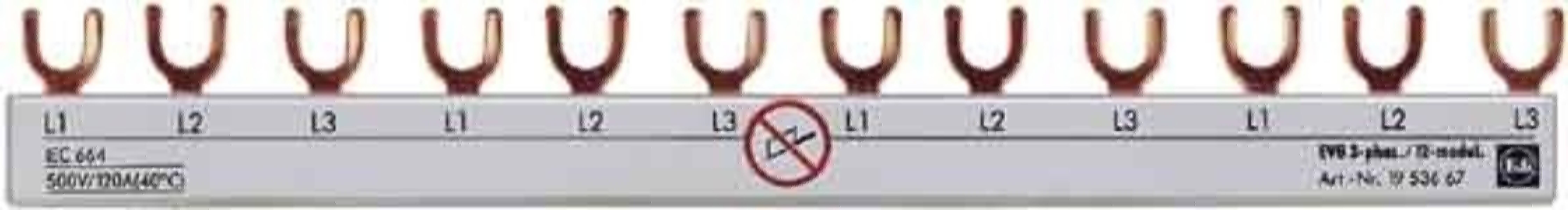 Nahaufnahme eines Elektrotafelkennzeichnens mit Phasenmarkierungen L1, L2 und L3 oben über die gesamte Breite und einem zentralen Verbotssymbol, das eine Warnung oder einen Nicht-Anschluss-Punkt anzeigt.