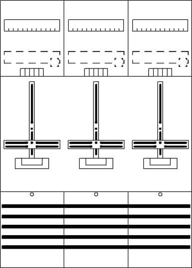 Diagramm, das eine detaillierte Anordnung von drei identischen Strukturen nebeneinander zeigt, wobei jede vertikale und horizontale Komponenten aufweist.