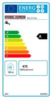 Eine Energieeffizienzskala zeigt eine Skala von A+ (am effizientesten) bis F (am wenigsten effizient), wobei der Pfeil auf 'A' zeigt. Zeigt '475 kWh/Jahr' und '15 dB'.