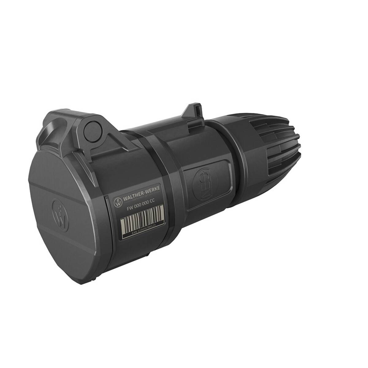 Ein schwarzer industrieller Stecker mit runder Form und gerilltem Griff, beschriftet mit 'Walther Werke.' Ausgestattet mit einem Barcode und der Produktkennung 'PNV 800 000 EG.