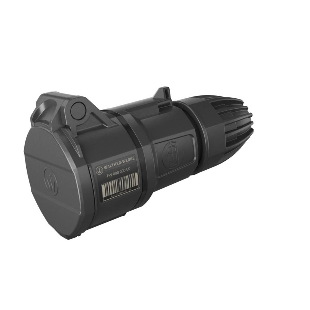 Ein schwarzes zylindrisches Objekt mit geripptem Griff, versehen mit einer klemmenartigen Komponente an einem Ende und einem Barcode-Etikett an der Seite, vor einem einfarbigen Hintergrund.