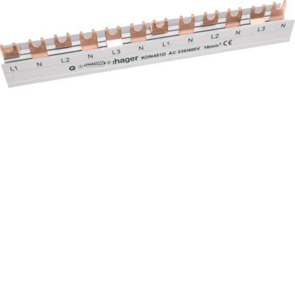 Ein Hager KDN451D Sammelschienenblock mit Kupferverbindern und beschrifteten Abschnitten L1, L2, L3, N für AC 230/400V, 16mm², CE-konform.