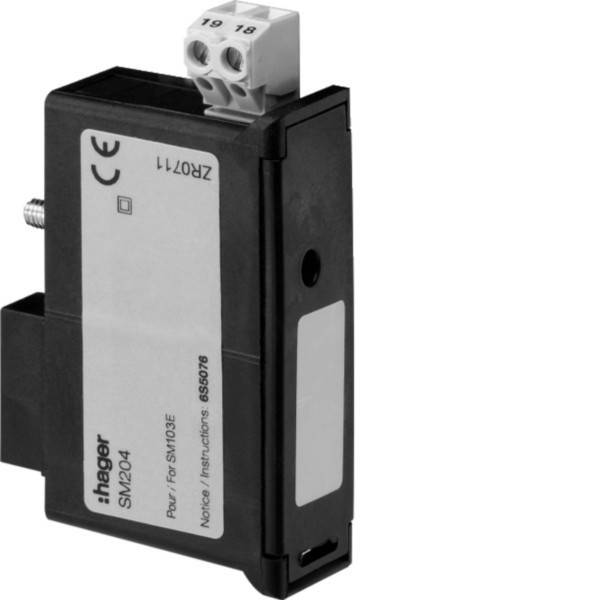 Ein Schwarz-Weiß-Foto eines Hager SM204 Strommoduls mit Anschlüssen, die mit 19 und 18 beschriftet sind.