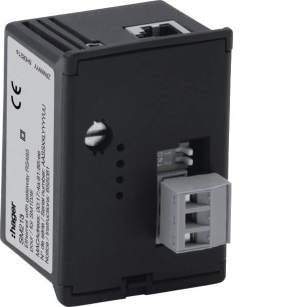 Eine Nahaufnahme eines Hager KNX Netzwerk-Verbindungsmoduls, das Anschlussports und einen kleinen Einstellrädchen an der Seite zeigt, für Gebäudeautomatisierungssysteme.