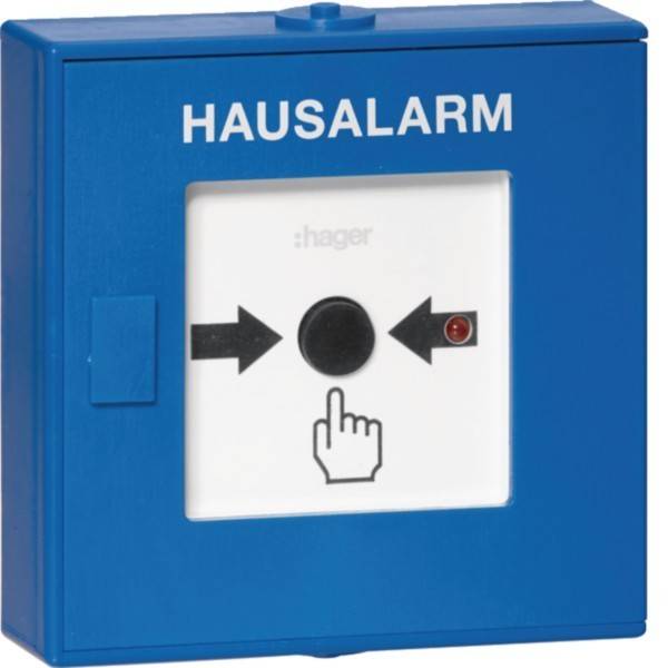 Blauer Hausalarm-Kasten mit dem Wort Hausalarm, der eine Taste und einen Pfeil mit einem zeigenden Fingericon enthält.
