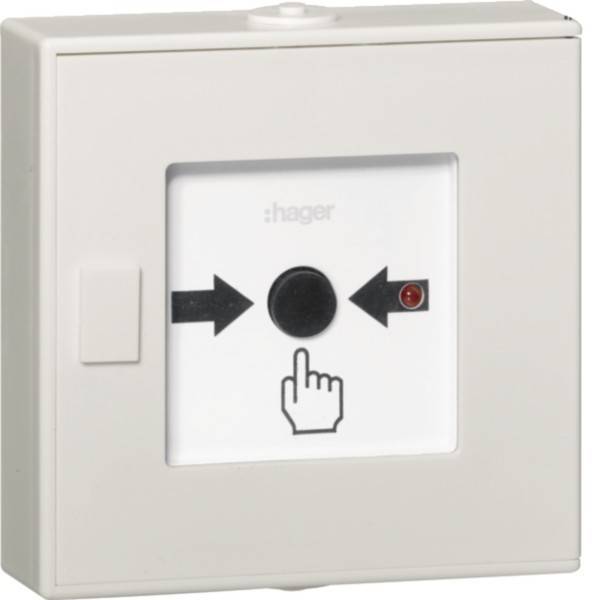 Drucktaster mit Pfeilen und Handikon, das eine Druckbewegung andeutet; enthält eine kleine rote Signalleuchte, versehen mit der Markenbezeichnung 'Hager'.