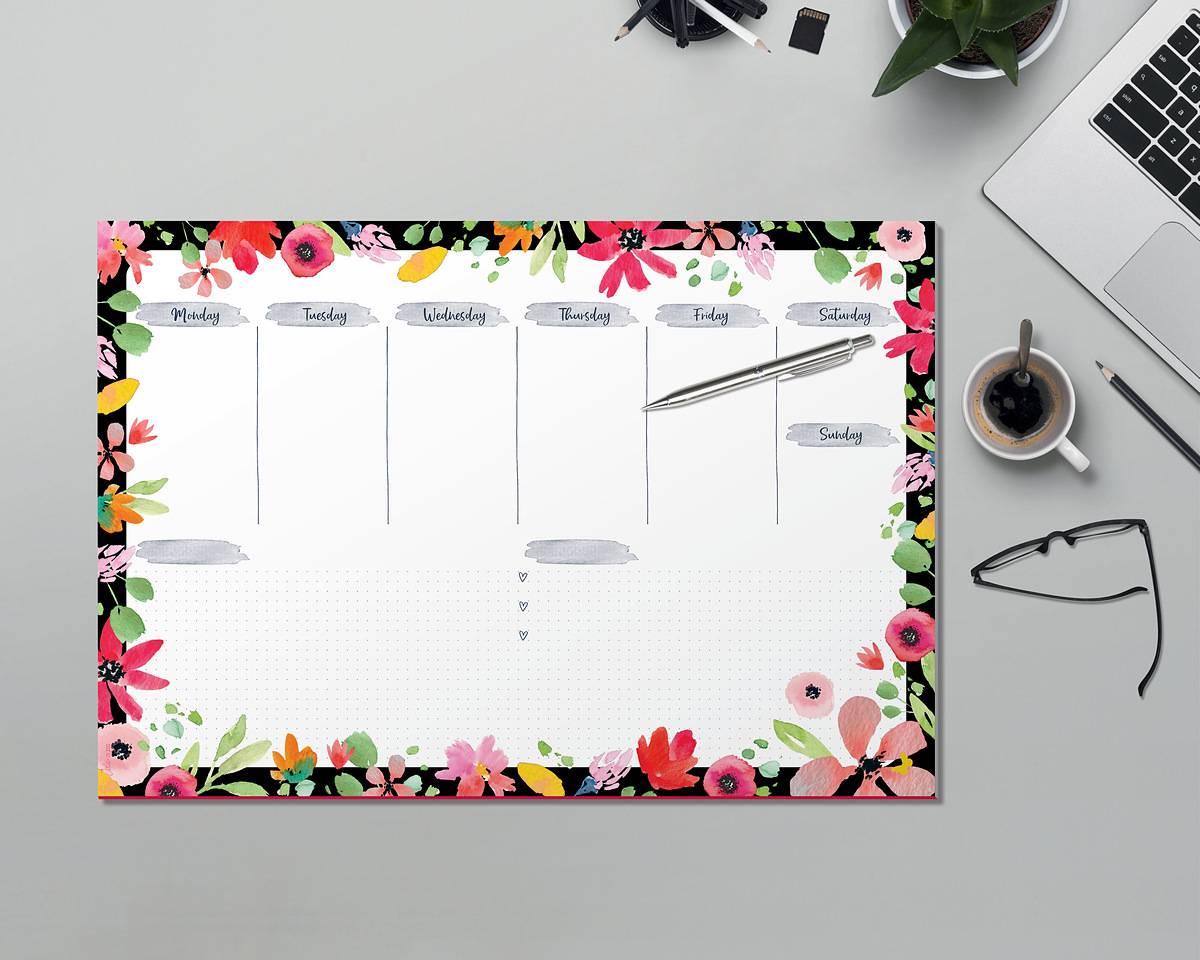 SIGEL Jolie Papier-Schreibunterlage Flower Love - Wochenplaner, undatiert englisch - A3 - 30 Blatt - FSC-zertifiziert