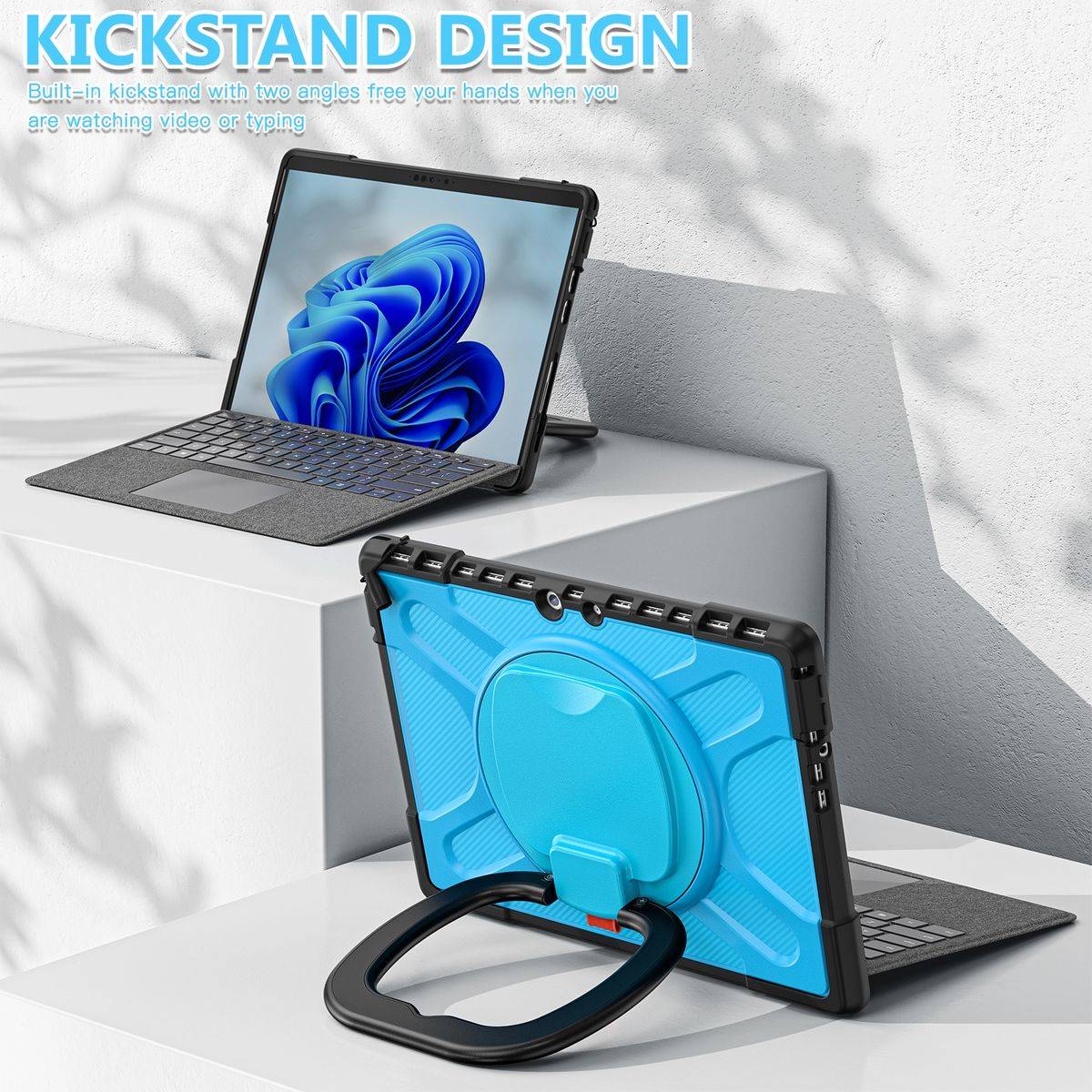Für Microsoft Surface Pro 8 aufstellbare Outdoor Hybrid Blau 360 Grad mit Trage Gurt Tablet Tasche Etuis Cover Case Schutz Robust Neu