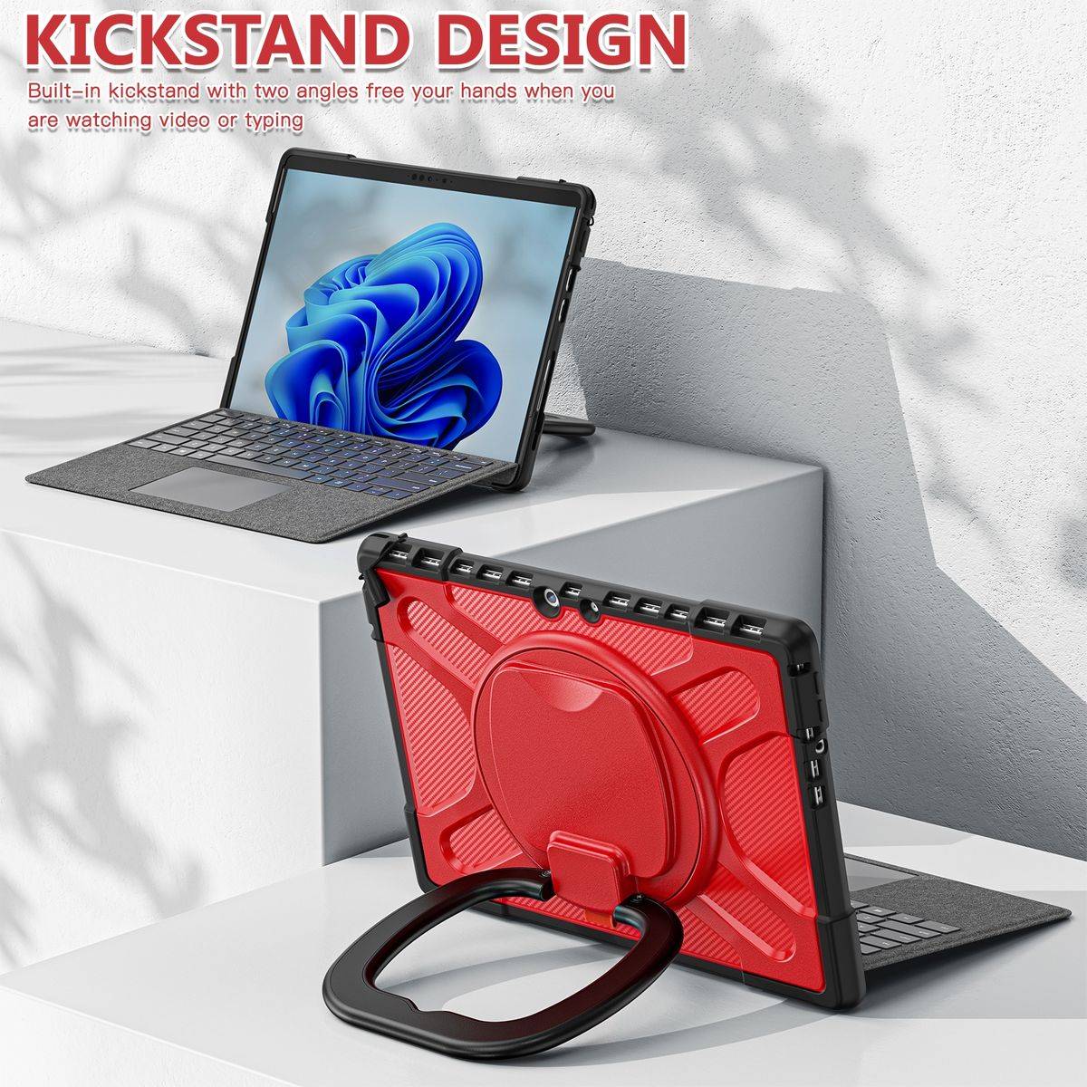 Für Microsoft Surface Pro 8 aufstellbare Outdoor Hybrid Rot 360 Grad mit Trage Gurt Tablet Tasche Etuis Cover Case Schutz Robust Neu