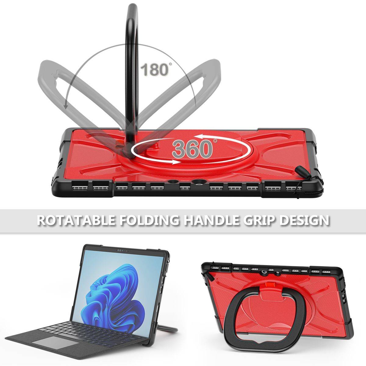 Für Microsoft Surface Pro 8 aufstellbare Outdoor Hybrid Rot 360 Grad mit Trage Gurt Tablet Tasche Etuis Cover Case Schutz Robust Neu