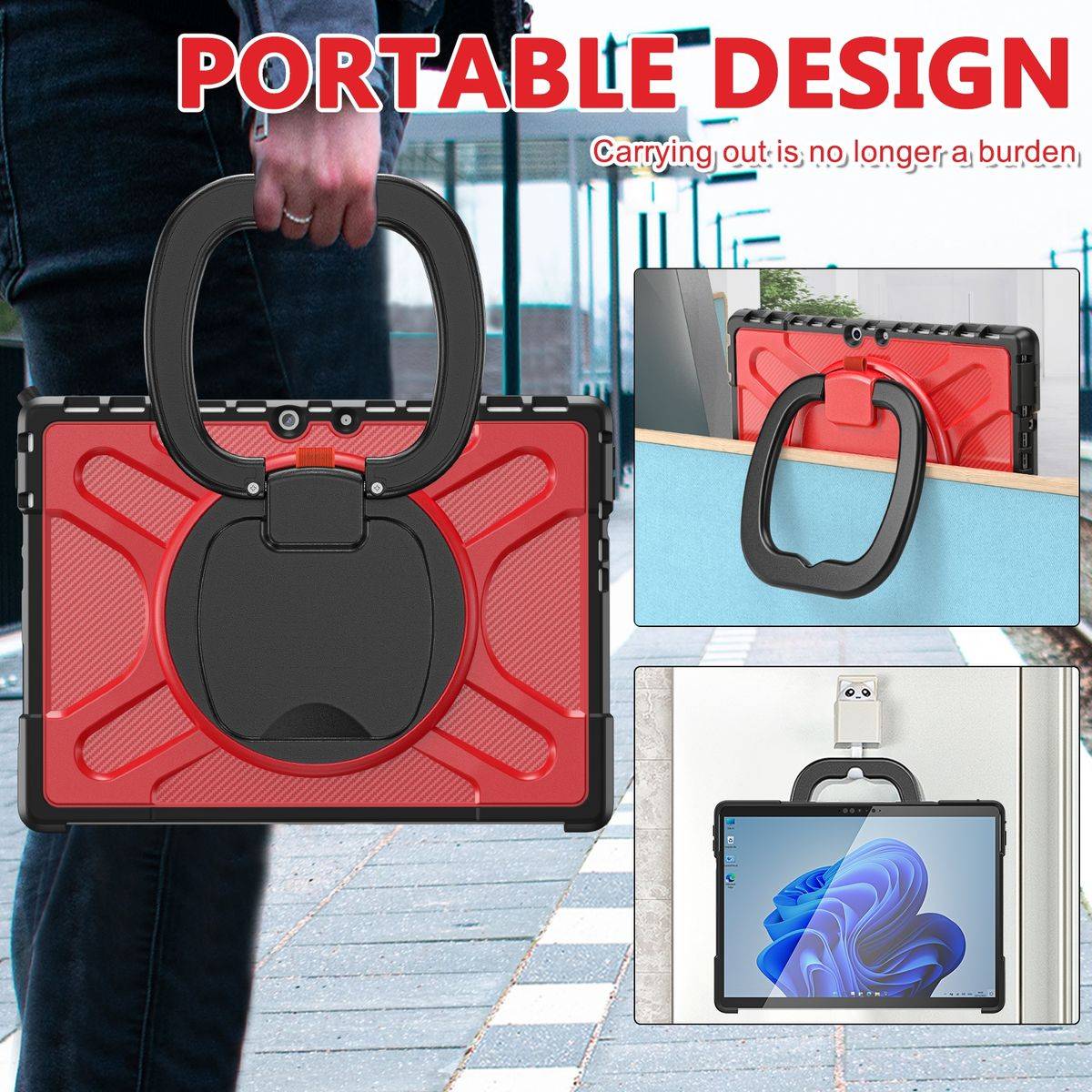 Für Microsoft Surface Pro 8 aufstellbare Outdoor Hybrid Rot 360 Grad mit Trage Gurt Tablet Tasche Etuis Cover Case Schutz Robust Neu