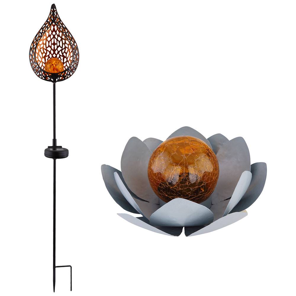 Solarleuchte Lotusblume Solarlampe orientalisch Flamme Garten Deko Leuchte Blume, Crackle Glaskugel, Lichteffekt, LED warmweiß, 2er Set