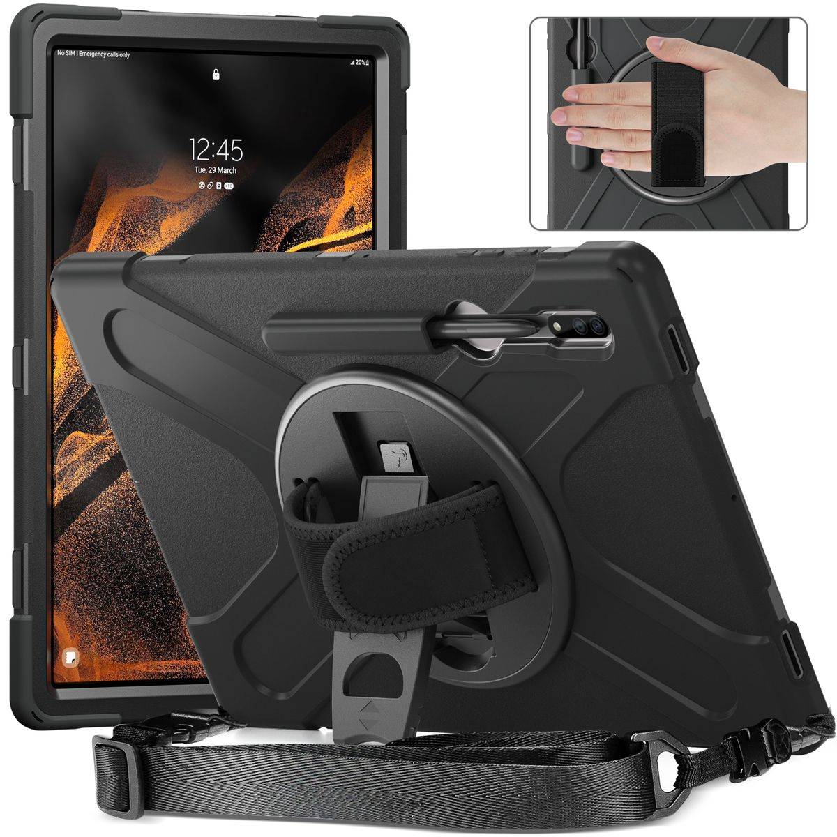 Für Samsung Galaxy Tab S8 Ultra aufstellbare Outdoor Hybrid Schwarz 360 Grad mit Trage Gurt Halte-Band Tablet Tasche Etuis Cover Case Schutz Robust N