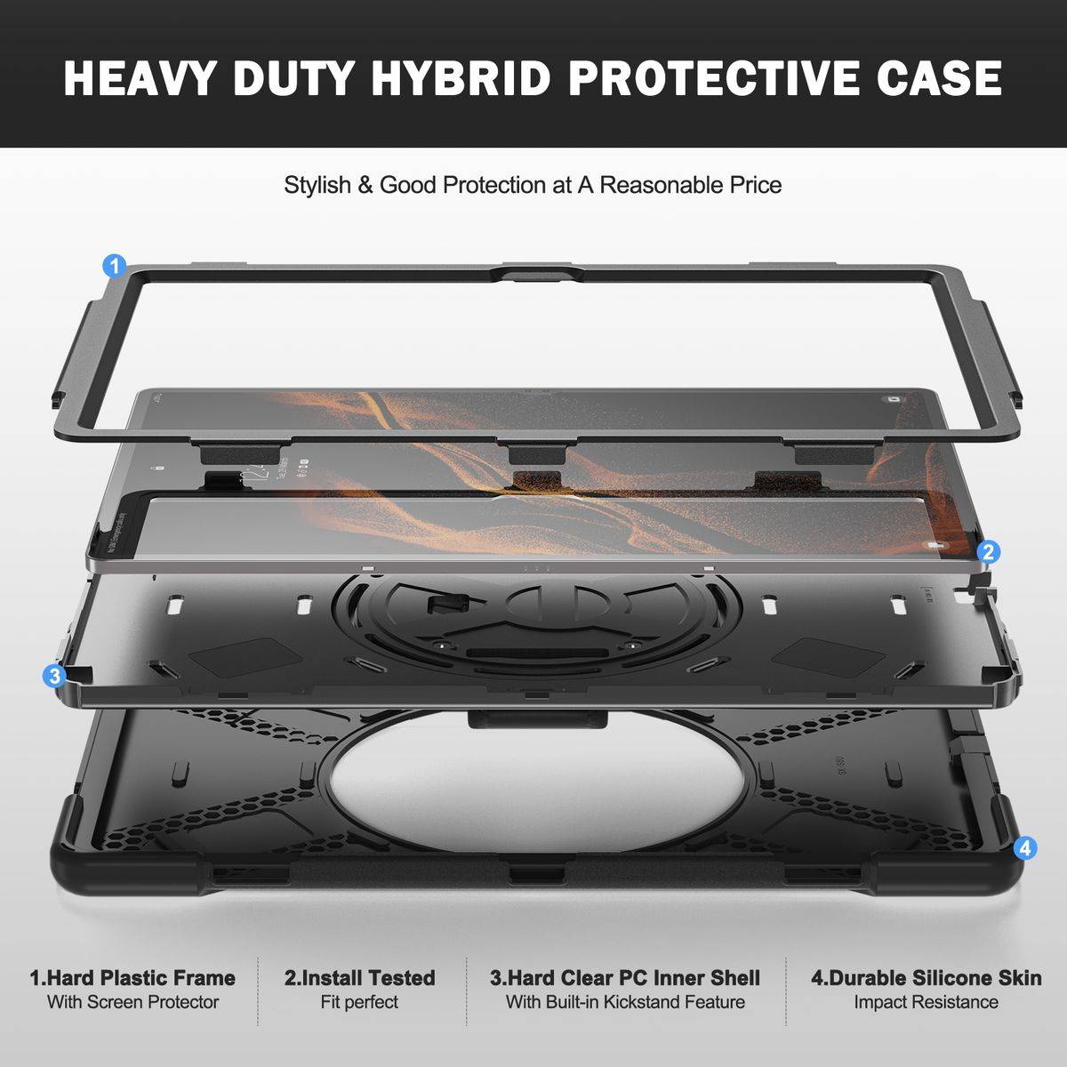Für Samsung Galaxy Tab S8 Ultra aufstellbare Outdoor Hybrid Schwarz 360 Grad mit Trage Gurt Halte-Band Tablet Tasche Etuis Cover Case Schutz Robust N