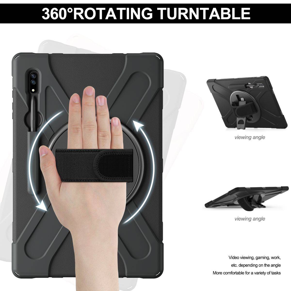 Für Samsung Galaxy Tab S8 Ultra aufstellbare Outdoor Hybrid Schwarz 360 Grad mit Trage Gurt Halte-Band Tablet Tasche Etuis Cover Case Schutz Robust N
