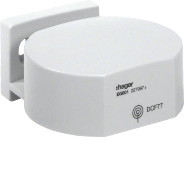 Ein weißer Hager DCF77-Empfänger mit der Modellnummer EG001, entwickelt für präzise Zeitsignalempfang.