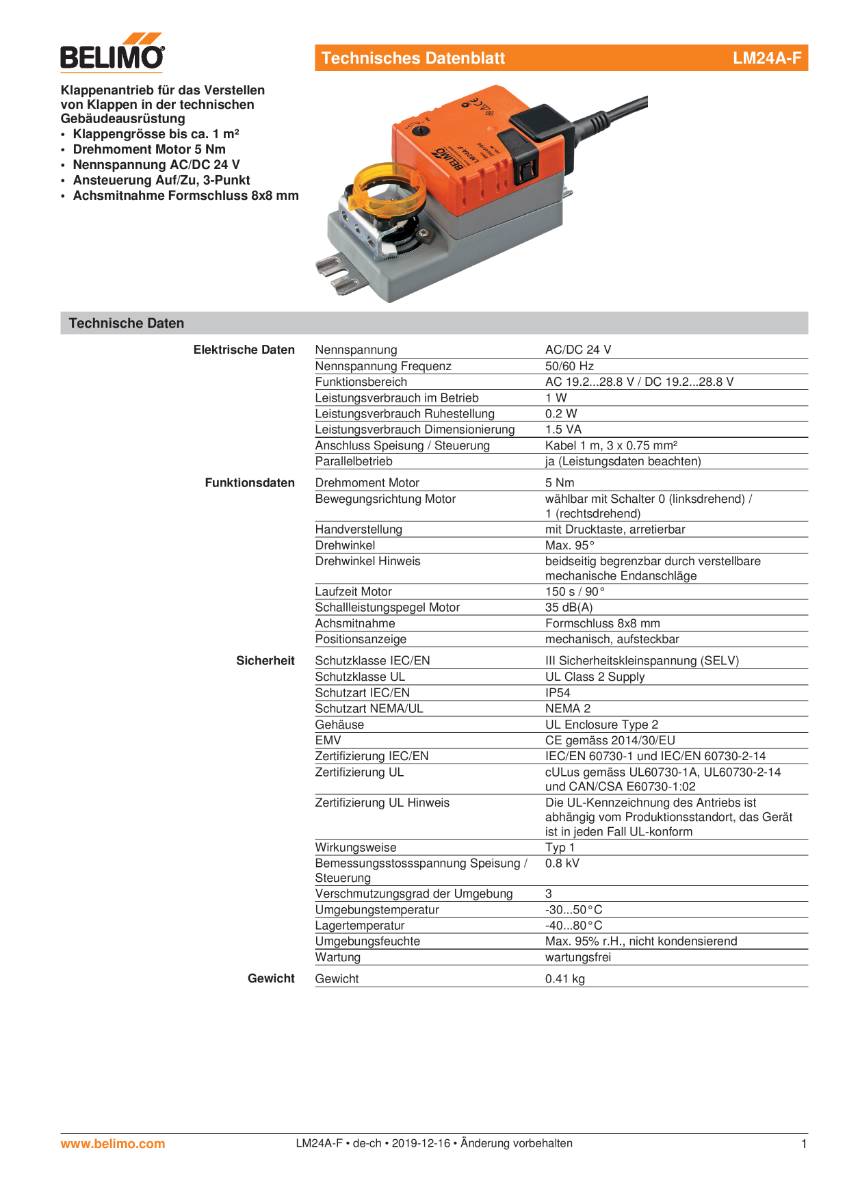 Belimo - Klappenantrieb LM24A-F, Formschluss 8 x 8 mm