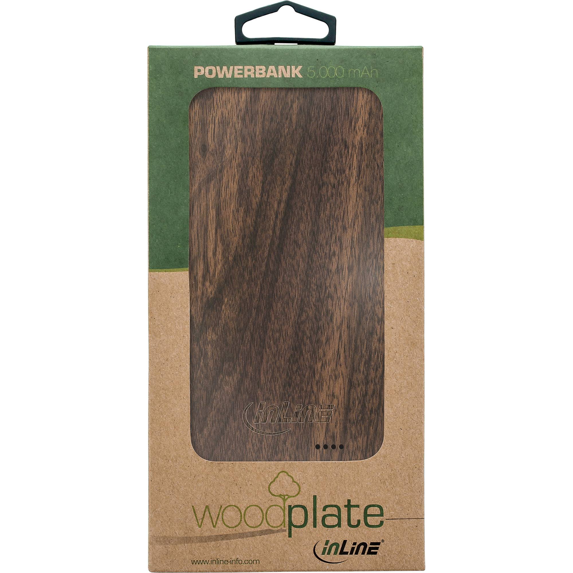 INLINE - woodplate - USB Powerbank 5.000mAh - mit LED Anzeige - Echtholz - Walnuss