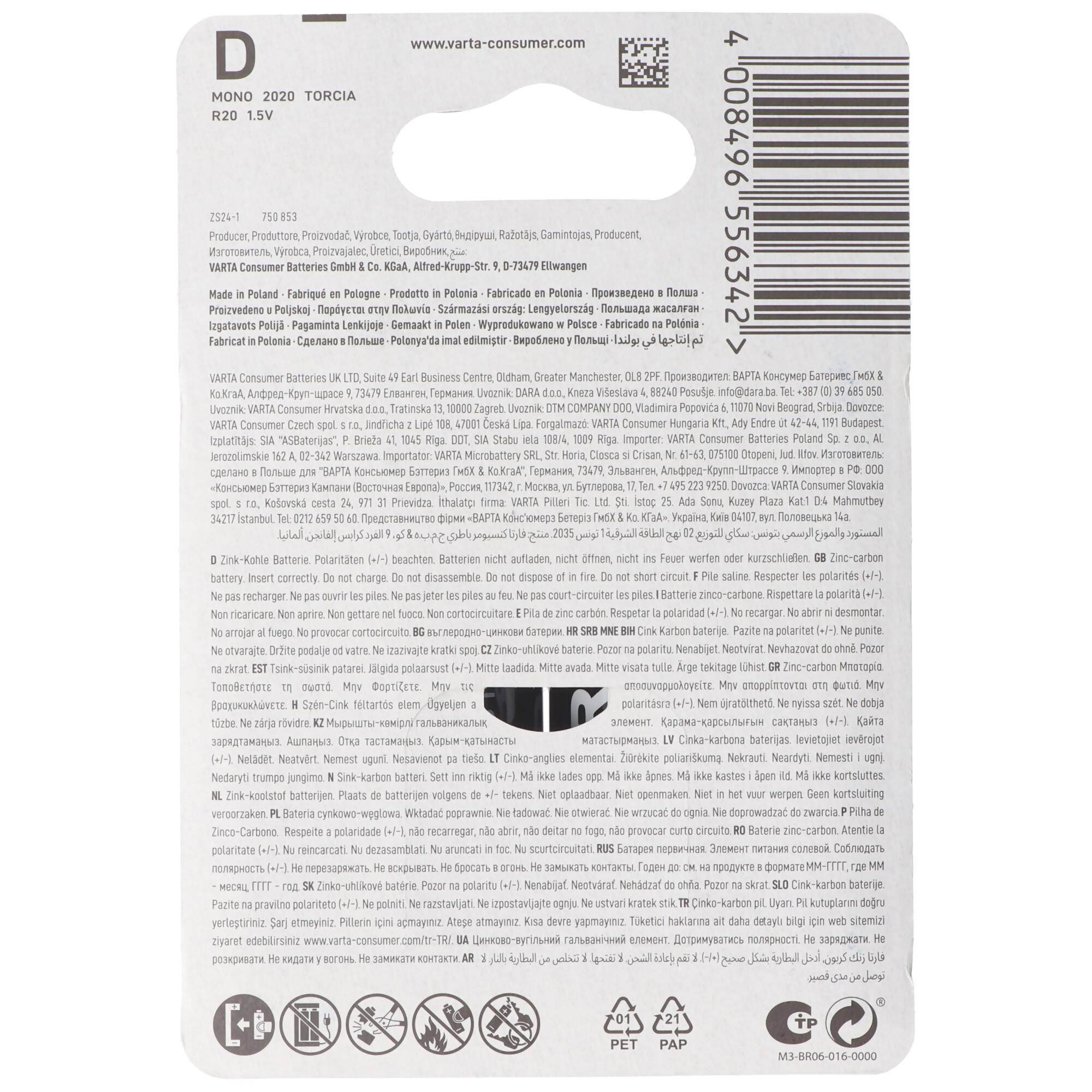 Varta Batterie Zink-Kohle, Mono, D, R20, 1.5V 2er Pack