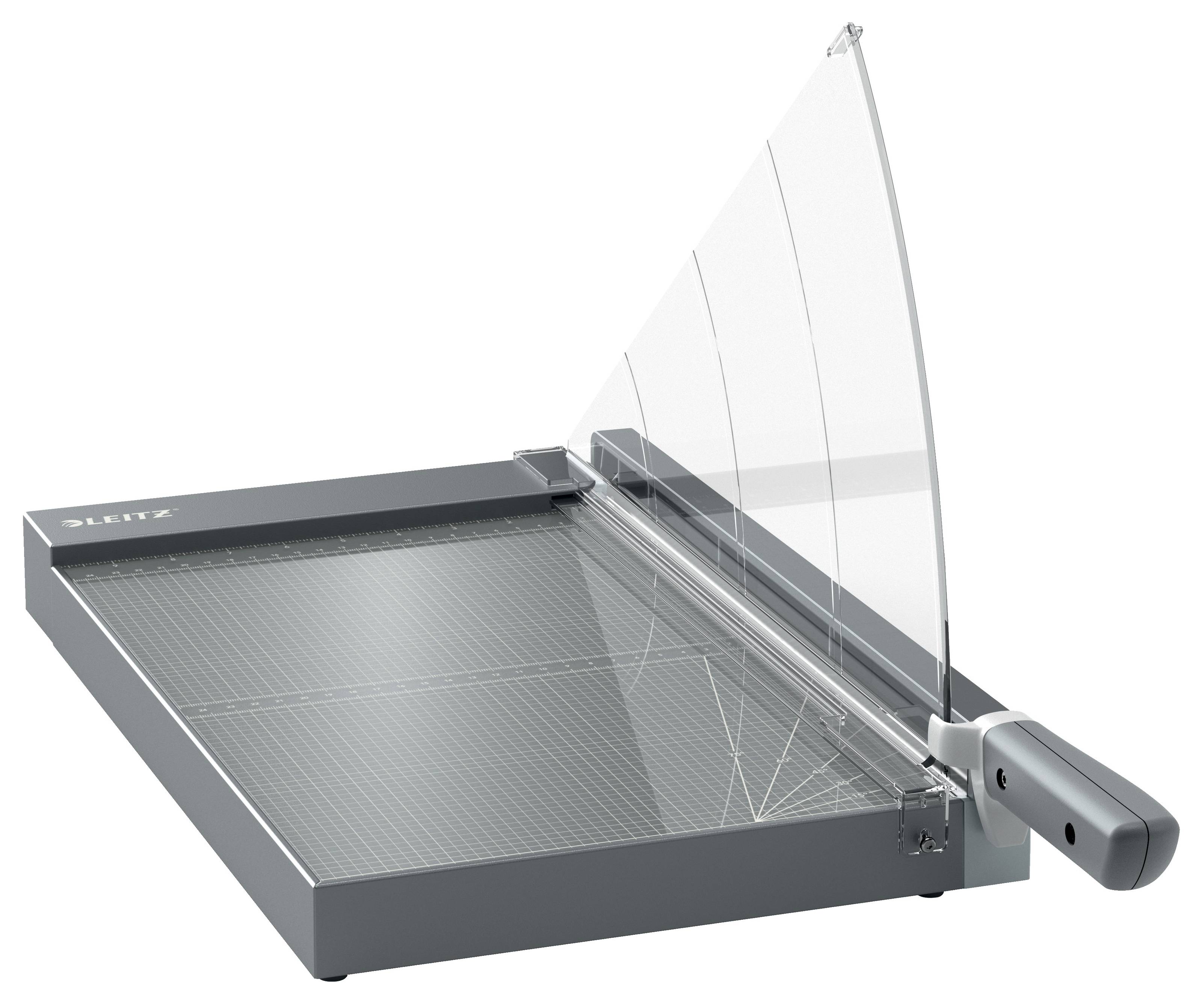 Papierschneider mit transparenter Schutzvorrichtung und grauer Schneidklinge zum geraden Papierschneiden.