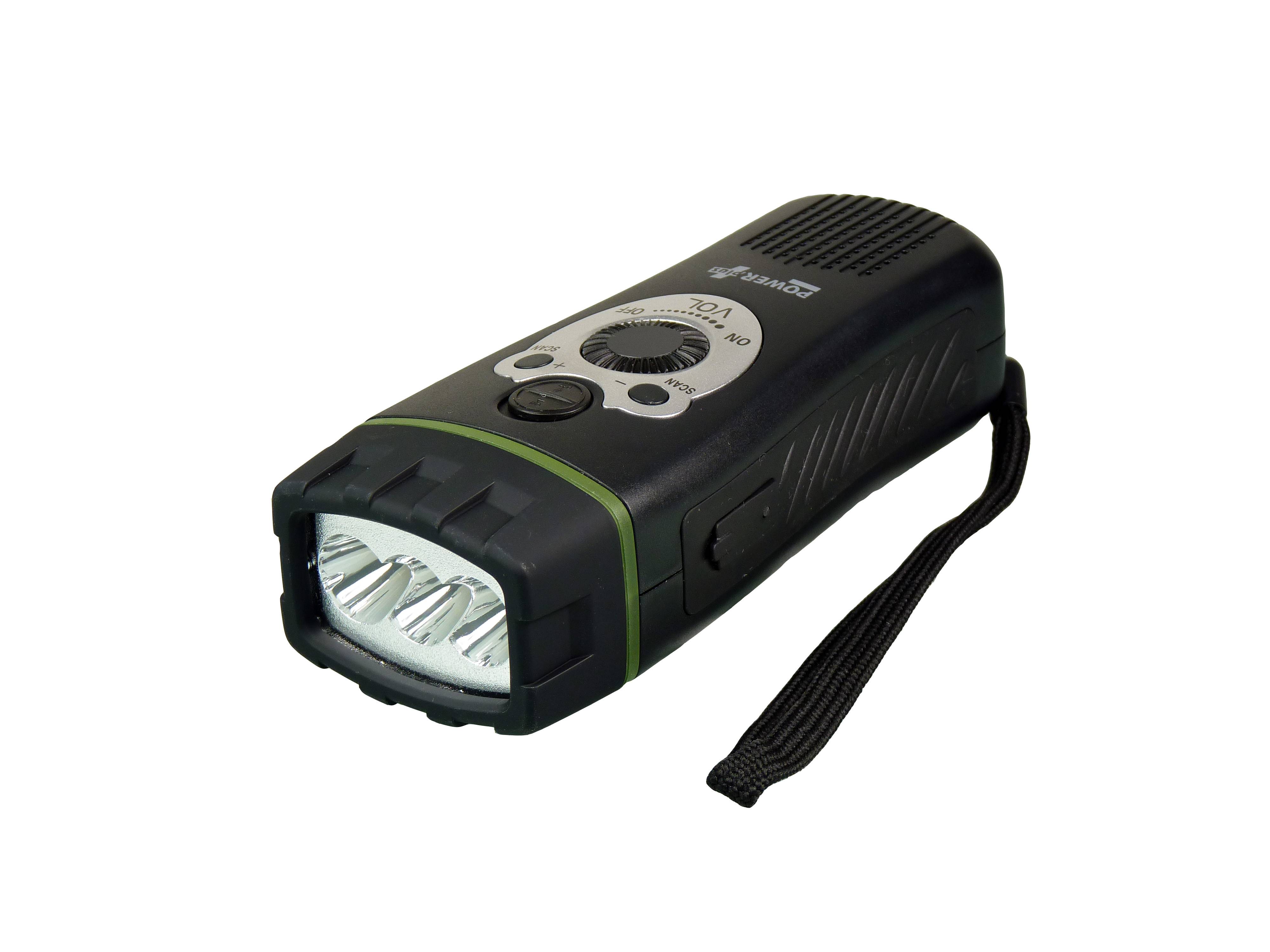 POWERplus Wolf LED Taschenlampe mit FM Scan Radio, aufladbar über USB-Anschluss und Dynamo Schwarz