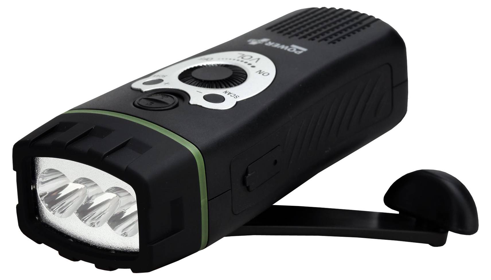 POWERplus Wolf LED Taschenlampe mit FM Scan Radio, aufladbar über USB-Anschluss und Dynamo Schwarz