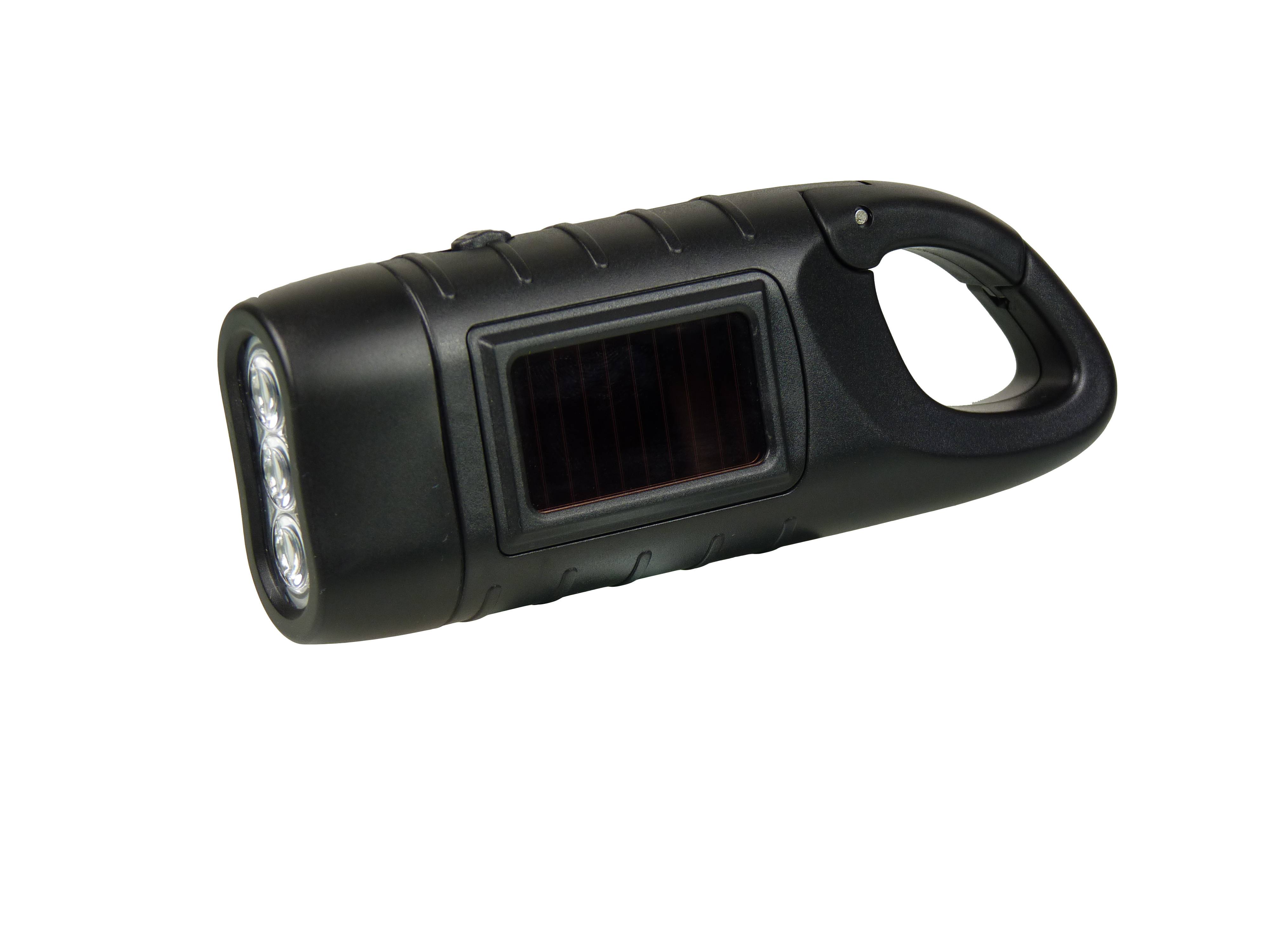 PowerPlus Seahorse Dynamo und Solar 3 LED Taschenlampe schwarz mit Karabinerhaken