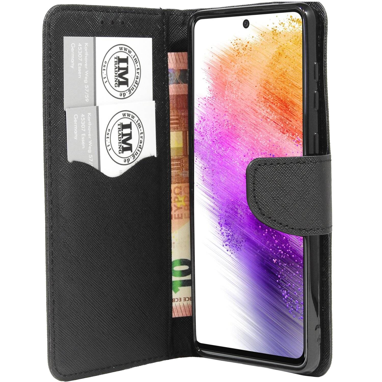 Buch Tasche "Fancy" für SAMSUNG GALAXY A73 5G Handy Hülle Schutzhülle mit Standfunktion, Kartenfach Schwarz