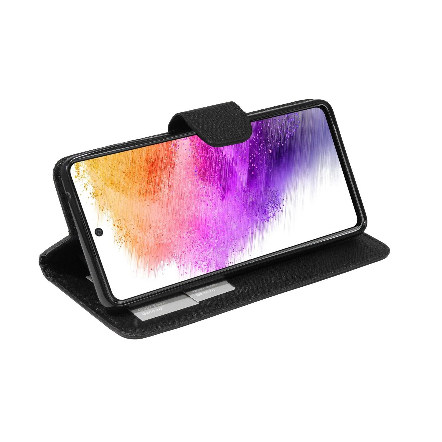 Buch Tasche "Fancy" für SAMSUNG GALAXY A73 5G Handy Hülle Schutzhülle mit Standfunktion, Kartenfach Schwarz