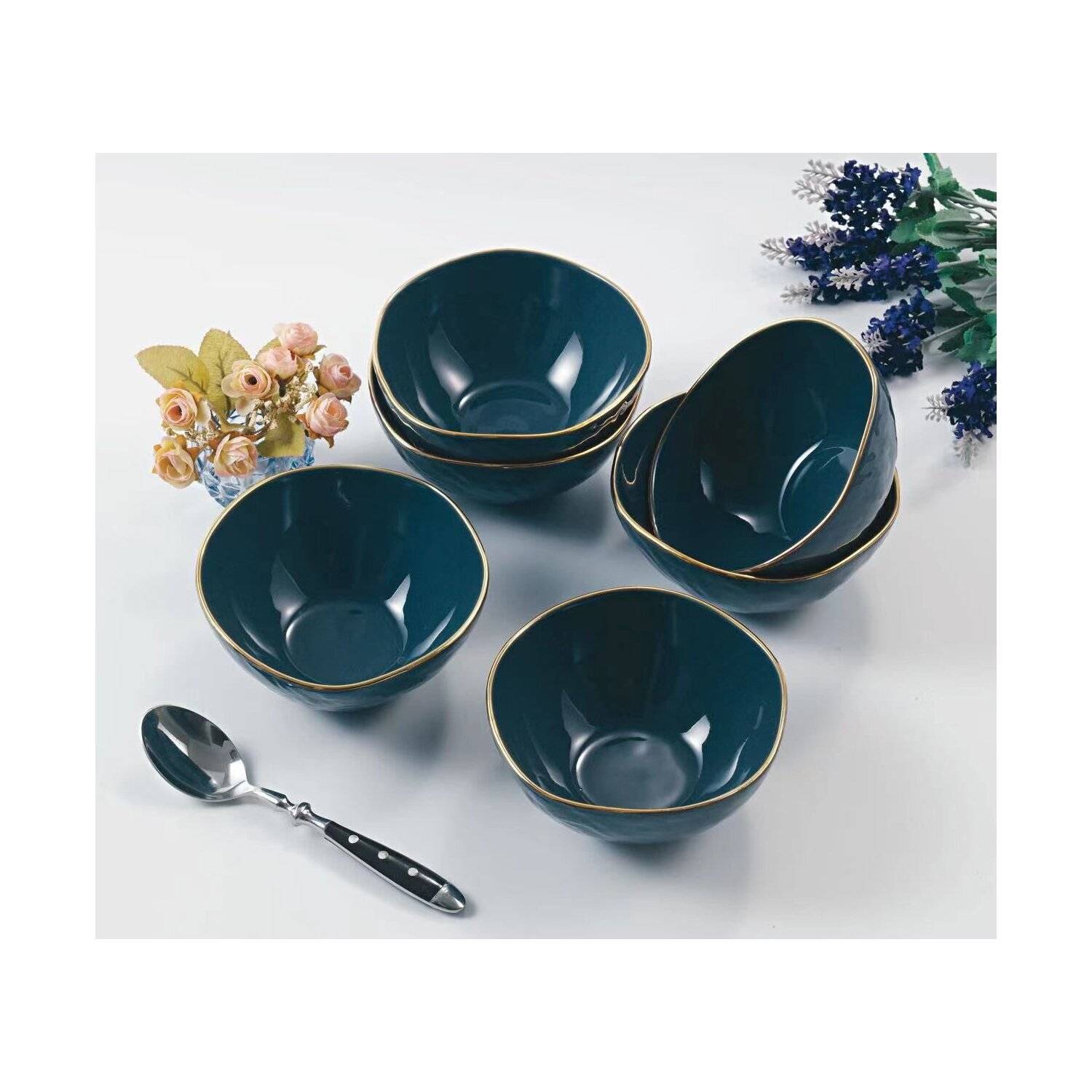 6-Teilig Schale Servierschüsseln aus Porzellan Schalen-Set Blau - Gold