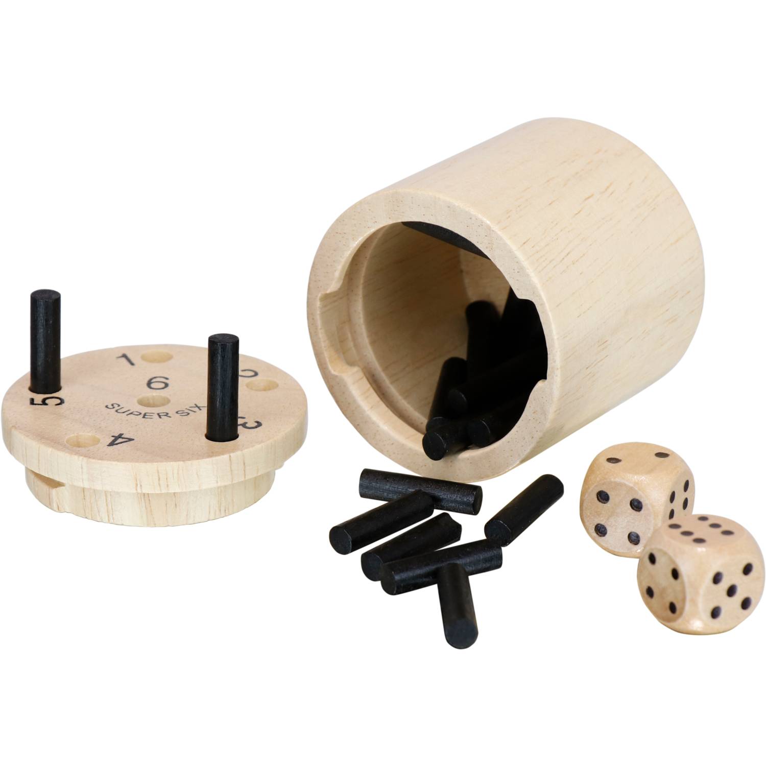 BestSaller 3030 SUPER SIX Würfelspiel Holz, als Reisespiel, ideal für Camping, 36 Spielstäbchen & 2 Würfel, natur/schwarz