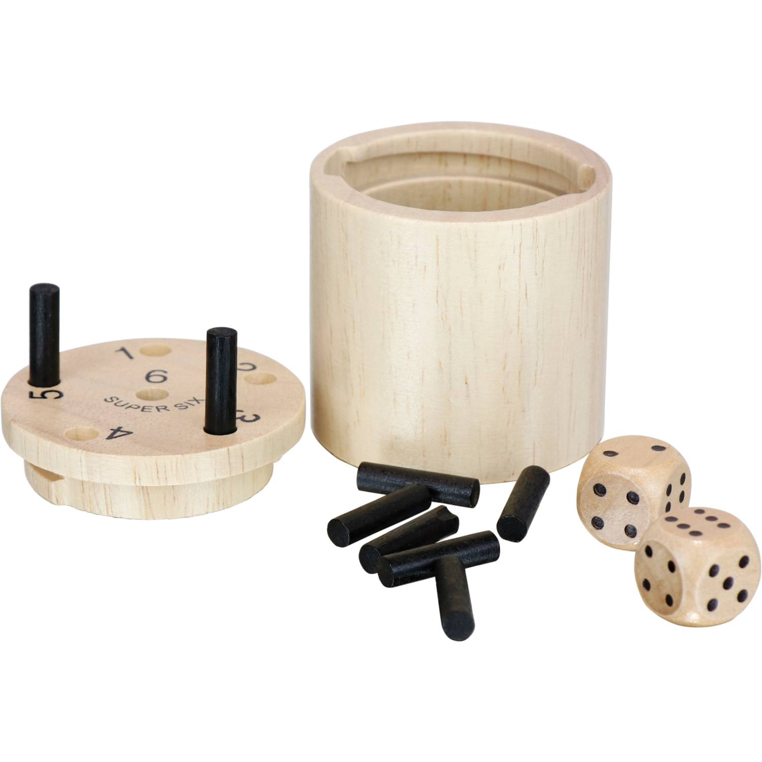 BestSaller 3030 SUPER SIX Würfelspiel Holz, als Reisespiel, ideal für Camping, 36 Spielstäbchen & 2 Würfel, natur/schwarz