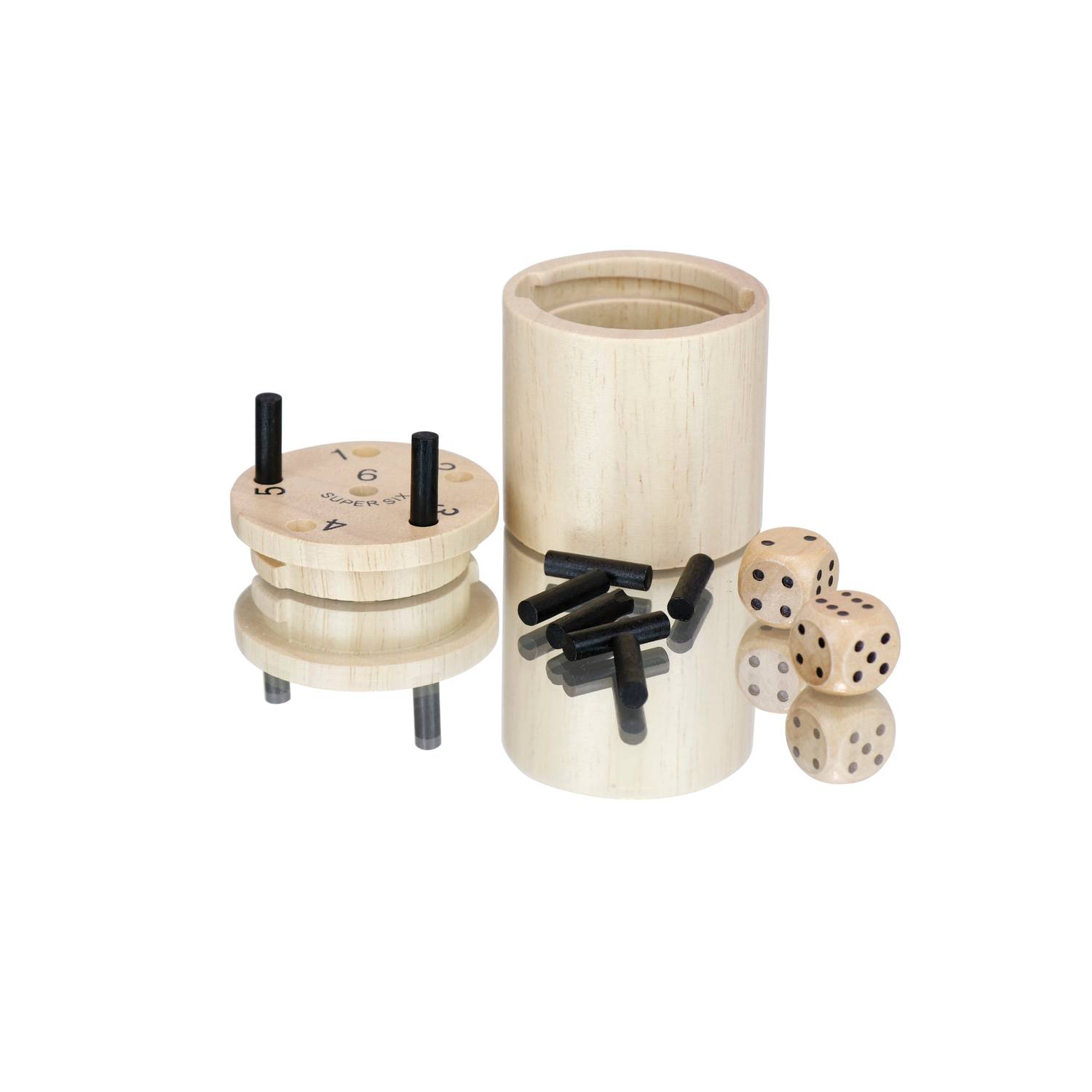 BestSaller 3030 SUPER SIX Würfelspiel Holz, als Reisespiel, ideal für Camping, 36 Spielstäbchen & 2 Würfel, natur/schwarz