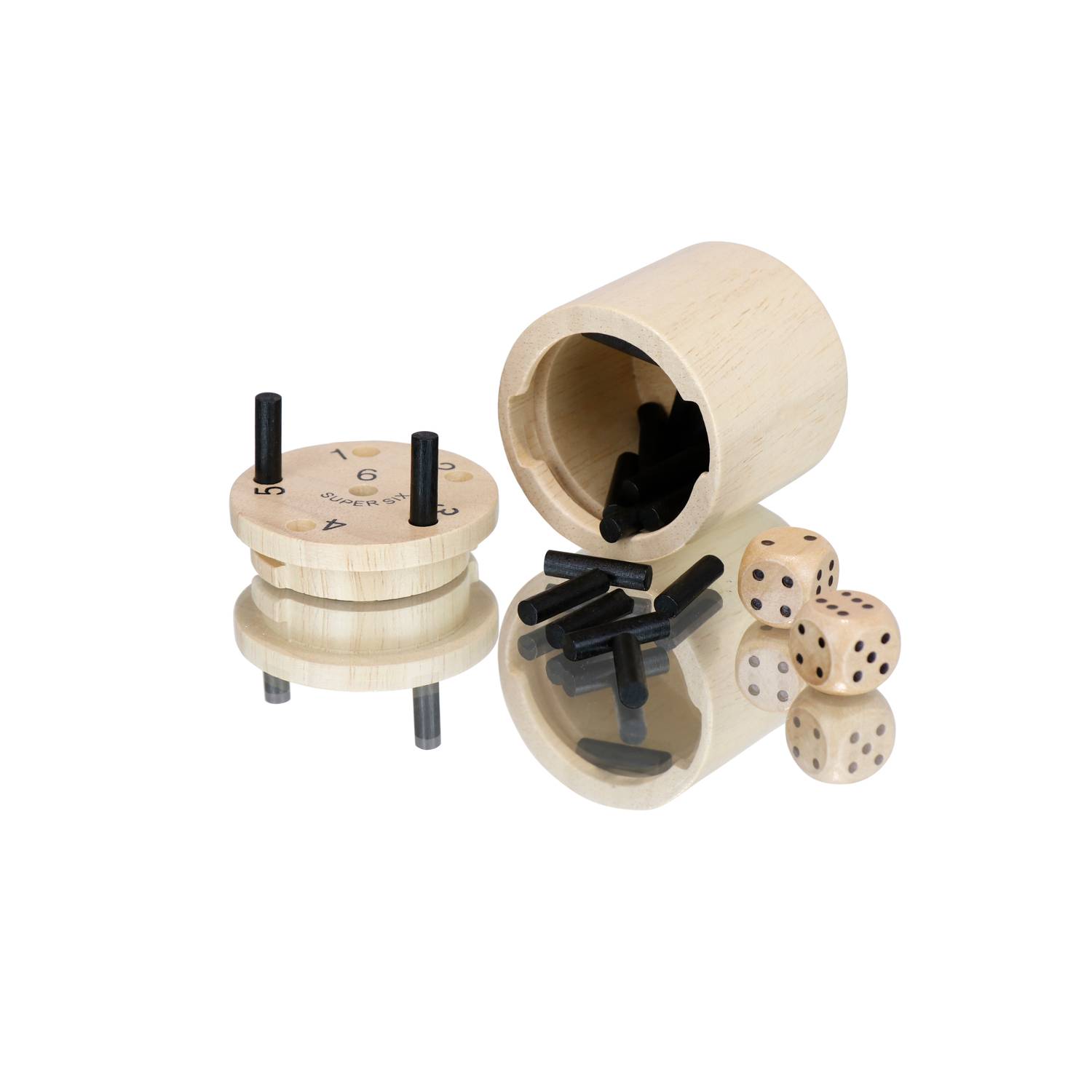 BestSaller 3030 SUPER SIX Würfelspiel Holz, als Reisespiel, ideal für Camping, 36 Spielstäbchen & 2 Würfel, natur/schwarz