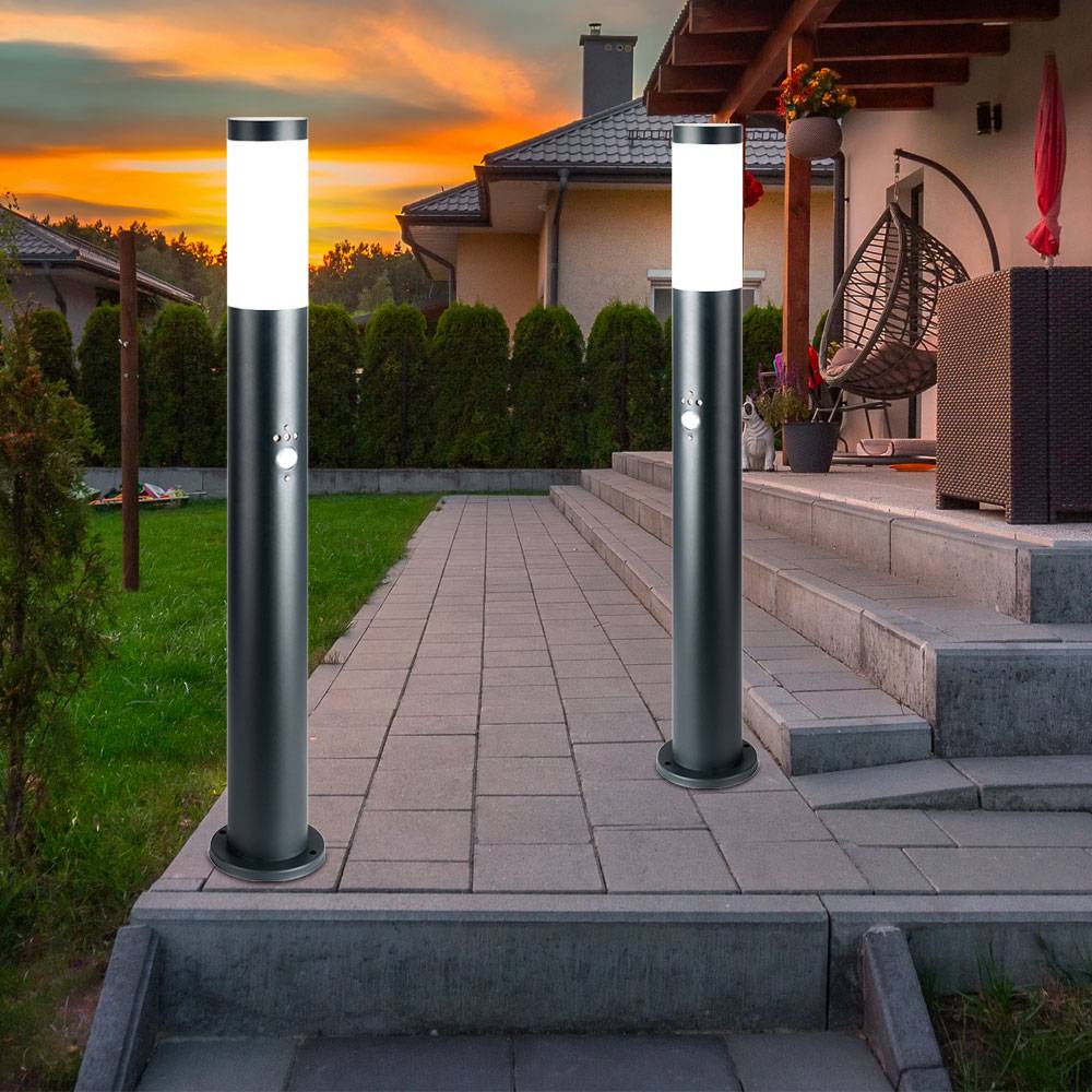 Gartenstehlampe Gartenlampe mit Bewegungsmelder anthrazit Edelstahl E27 Wegeleuchte Garten, 3 Sensoreinstellungen, 1x E27, H 80 cm, 2er Set